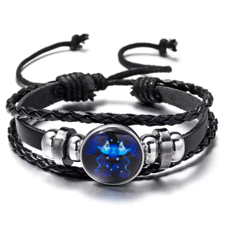 Luminous Zodiac Leather Bracelet, Glows In The Dark